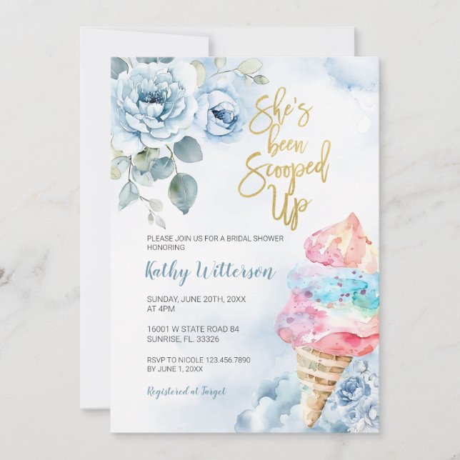 Invitación Blue Floral Ice Cream Scoopt Bridal Shower (Anverso)