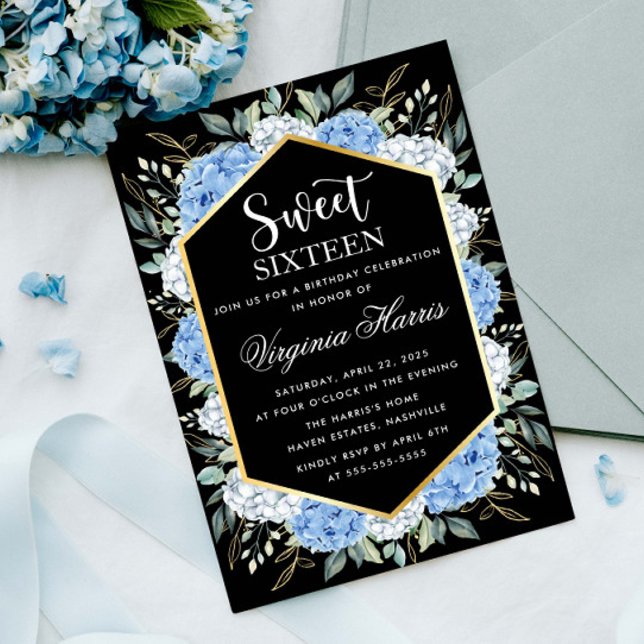 Invitación Blue Floral Leaves Black Sweet 16 cumpleaños (Subido por el creador)