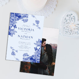 Invitación Blue Floral Lotus Chinoiserie con Boda fotográfico