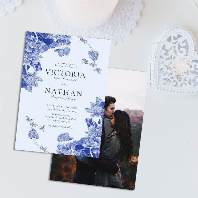 Invitación Blue Floral Lotus Chinoiserie con Boda fotográfico (Subido por el creador)