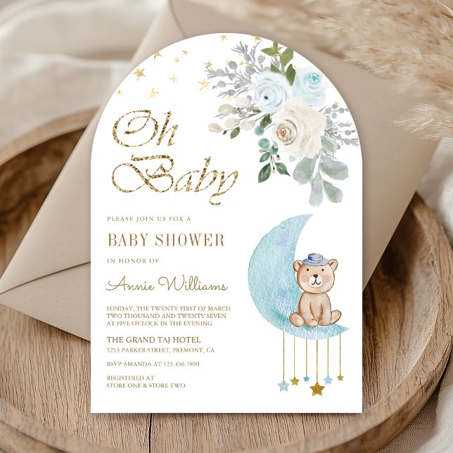 Invitación Blue Floral Moon Cute Teddy Bear Arch Baby Shower (Subido por el creador)