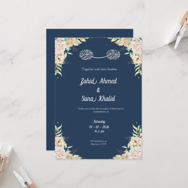 Invitación Blue Floral muslim wedding invitation Editable  (Anverso/Reverso In Situ)
