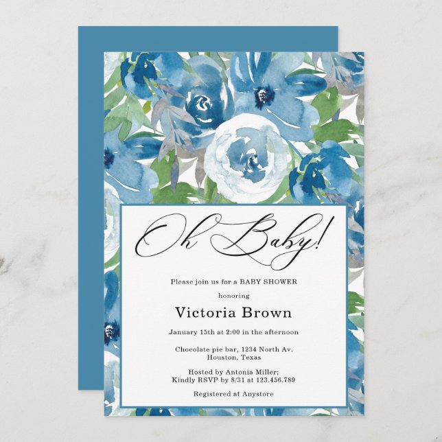 Invitación Blue Floral Oh Baby Shower Invitation (Anverso / Reverso)