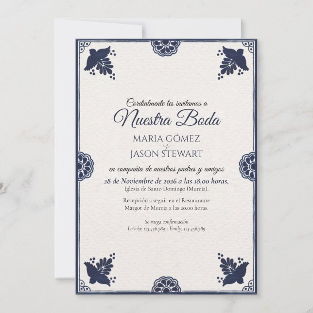 Invitación Blue Floral Otomi Simple Fiesta Spanish Wedding (Anverso)