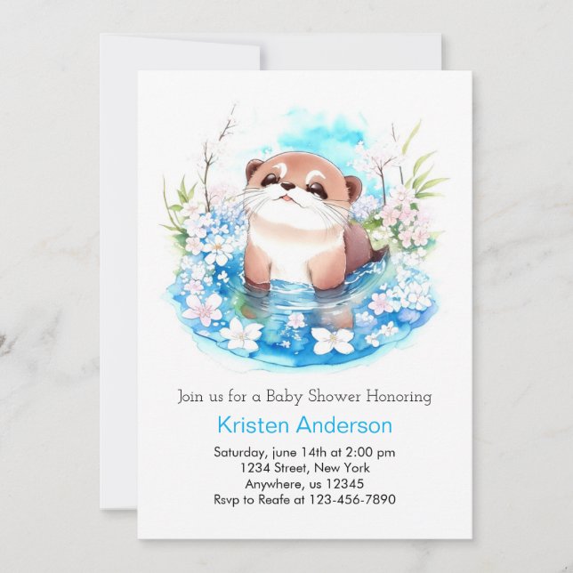 Invitación Blue Floral Otter Meadow Boy Baby Shower (Anverso)