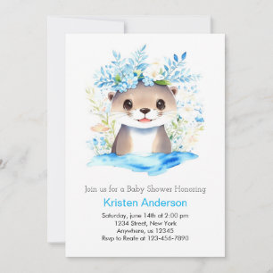 Invitación Blue Floral Otter Watercolor Boy Baby Shower