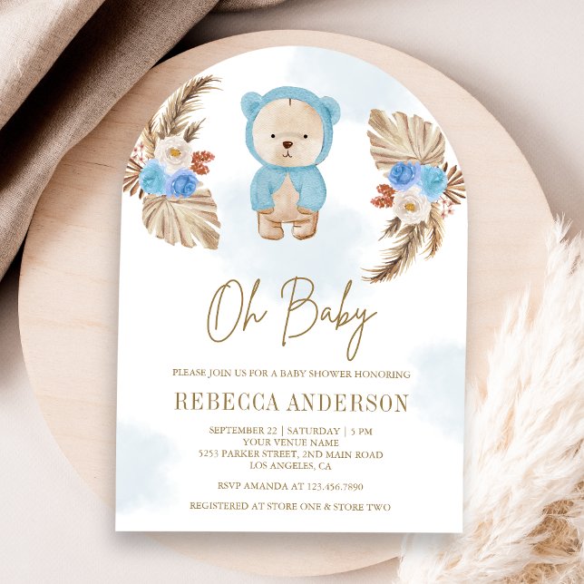 Invitación Blue Floral Pampas Teddy Bear Arch Baby Shower (Subido por el creador)