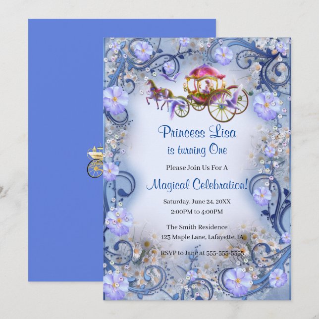 Invitación Blue Floral Princess Fairy Tail Cumpleaños (Anverso / Reverso)