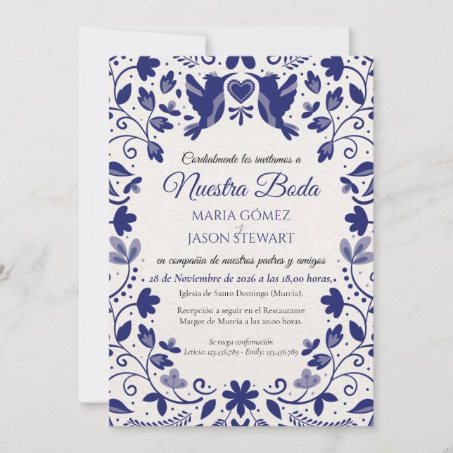Invitación Blue Floral Romantic Aesthetic Spanish Wedding (Anverso)
