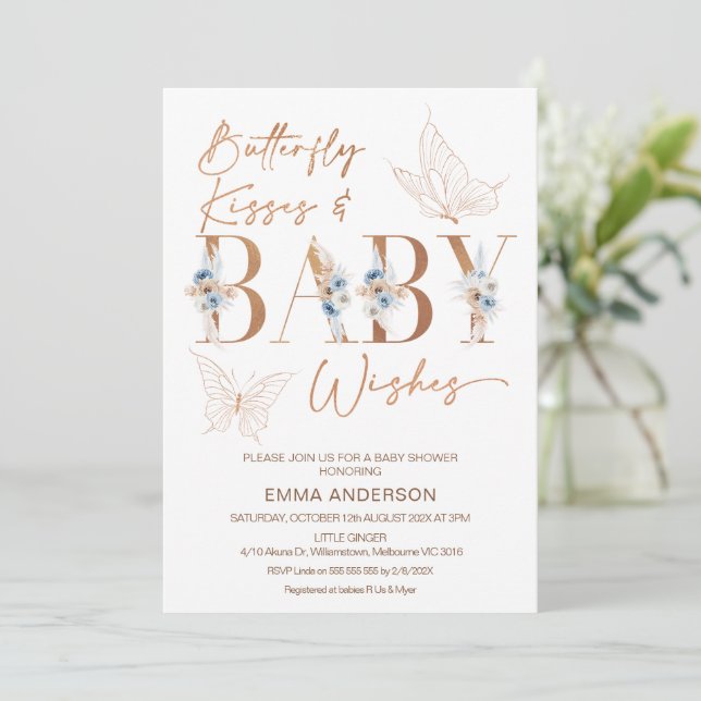 Invitación Blue Floral Rosa Gold Butterfly besa Baby Shower (Anverso de pie)