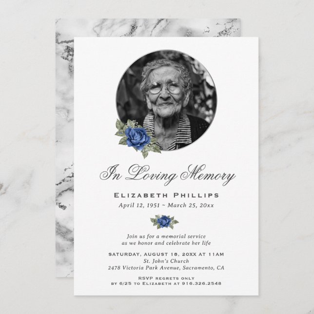 Invitación Blue Floral Silver Marble Photo Memorial Service (Anverso / Reverso)