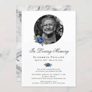 Invitación Blue Floral Silver Marble Photo Memorial Service