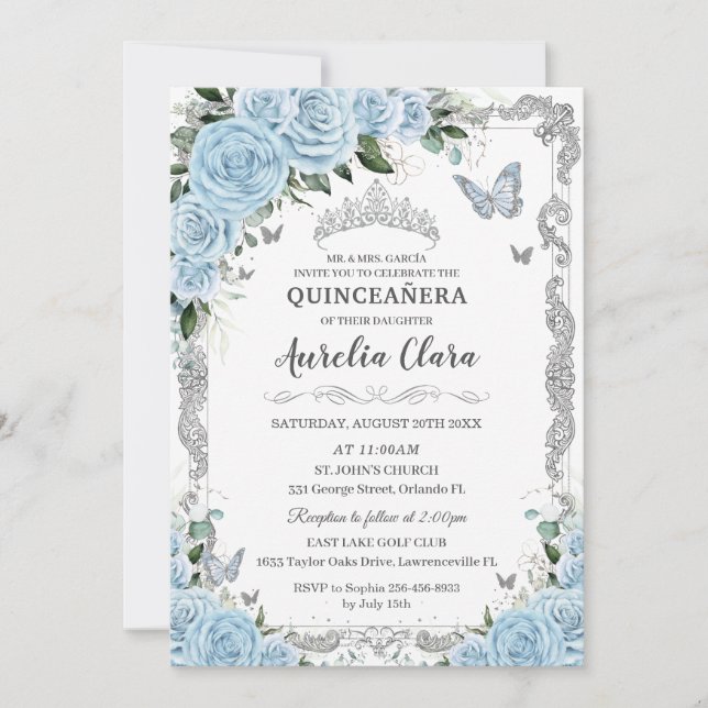 Invitación Blue Floral Silver Sweet 16 QUINCEAÑERA (Anverso)