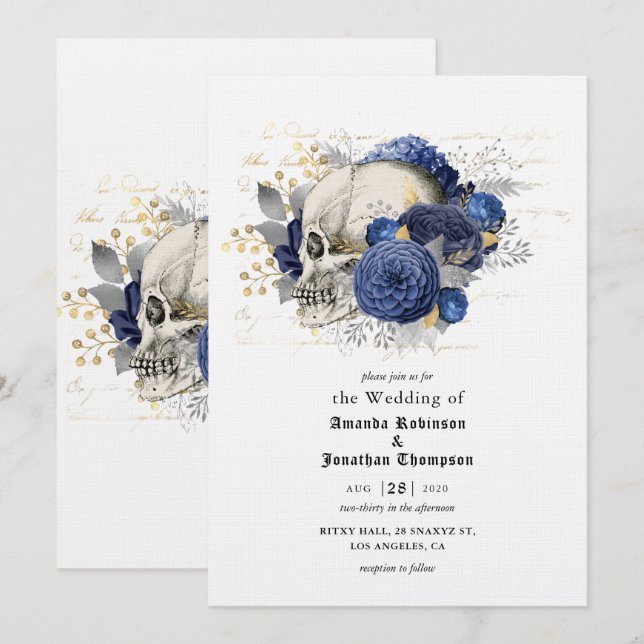 Invitación Blue Floral Skull Halloween Boda gótico (Anverso / Reverso)