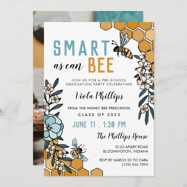 Invitación Blue Floral Smart As Can Bee Graduación Preescolar (Anverso / Reverso)