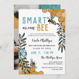 Invitación Blue Floral Smart As Can Bee Graduación Preescolar