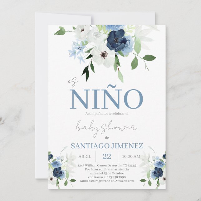 Invitación Blue Floral Spanish Baby Shower Boy (Anverso)