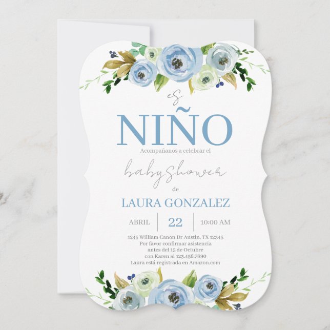 Invitación Blue Floral Spanish Baby Shower Boy (Anverso)