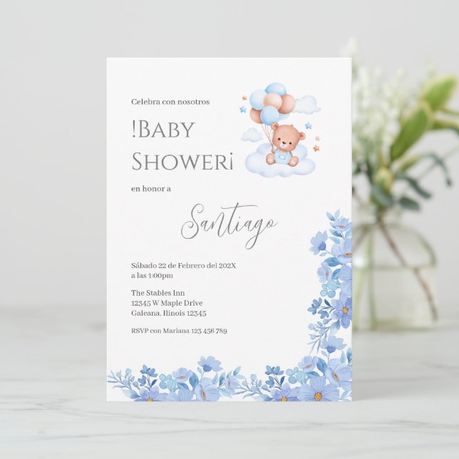 Invitación Blue floral Spanish Baby Shower Boy invitation (Anverso de pie)