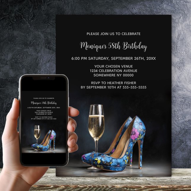 Invitación Blue Floral Stiletto Shoes Birthday Party (Subido por el creador)