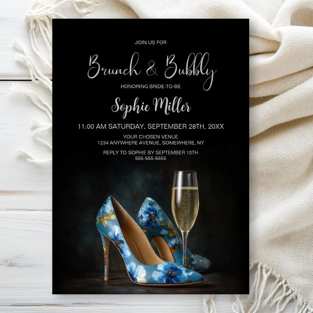 Invitación Blue Floral Stiletto Shoes Brunch and Bubbly (Subido por el creador)
