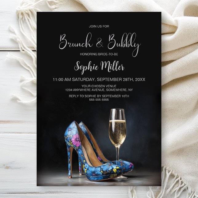 Invitación Blue Floral Stiletto Shoes Brunch and Bubbly (Subido por el creador)