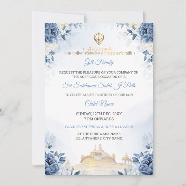Invitación Blue Floral Sukhmani Sahib Path Birthday Invite (Anverso)