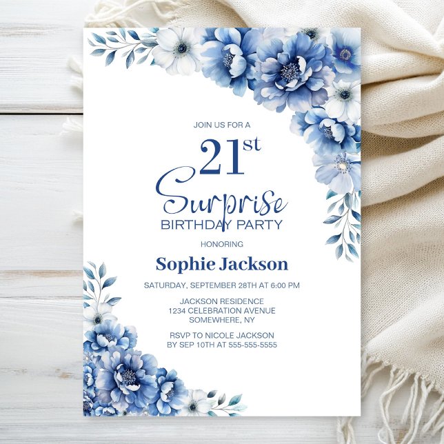 Invitación Blue Floral Surprise 21st Birthday Fiesta (Subido por el creador)