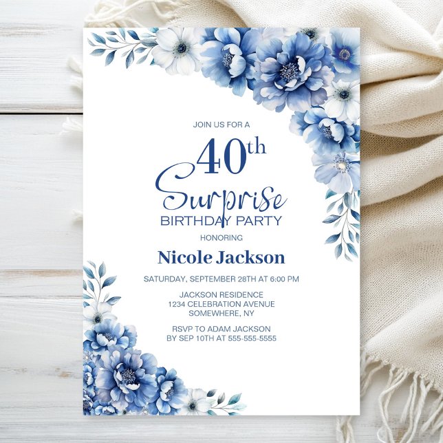 Invitación Blue Floral Surprise 40th Birthday Fiesta (Subido por el creador)