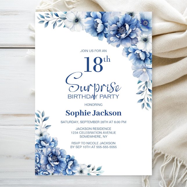 Invitación Blue Floral Surprise Fiesta de cumpleaños número 1 (Subido por el creador)