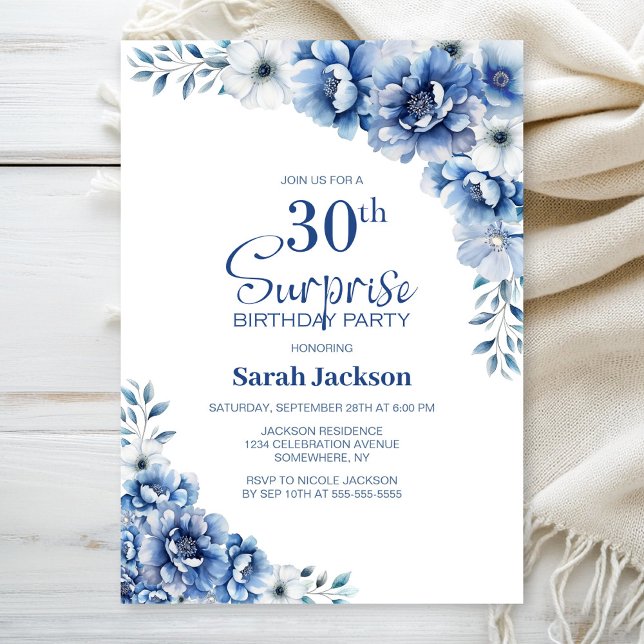 Invitación Blue Floral Surprise Fiesta de cumpleaños número 3 (Subido por el creador)
