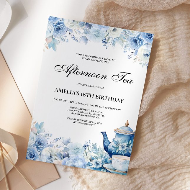 Invitación Blue Floral Tarde Tea Birday Party (Subido por el creador)