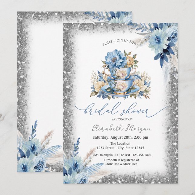 Invitación Blue Floral Tea cup Purpurina Baby Shower (Anverso / Reverso)
