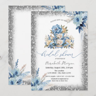 Invitación Blue Floral Tea cup Purpurina Baby Shower