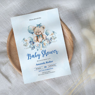 Invitación Blue Floral Teddy Bear Baby Shower