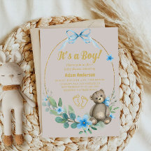 Blue Floral Teddy Bear Es un niño Baby Shower