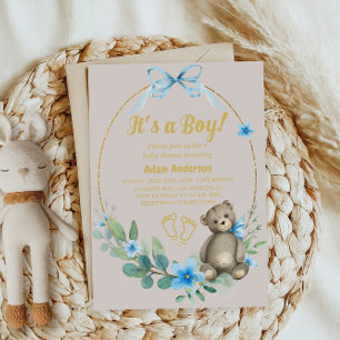 Invitación Blue Floral Teddy Bear Es un niño Baby Shower