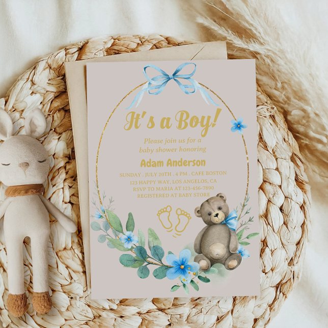 Invitación Blue Floral Teddy Bear Es un niño Baby Shower (Subido por el creador)