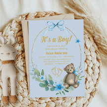 Blue Floral Teddy Bear Es un niño Baby Shower
