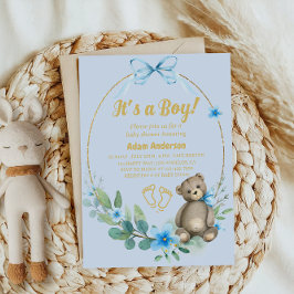 Invitación Blue Floral Teddy Bear Es un niño Baby Shower
