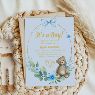 Invitación Blue Floral Teddy Bear Es un niño Baby Shower