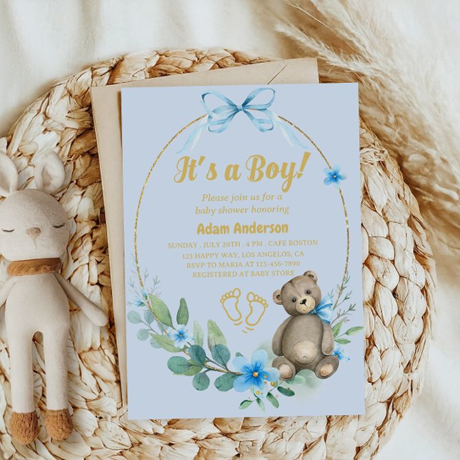Invitación Blue Floral Teddy Bear Es un niño Baby Shower (Subido por el creador)