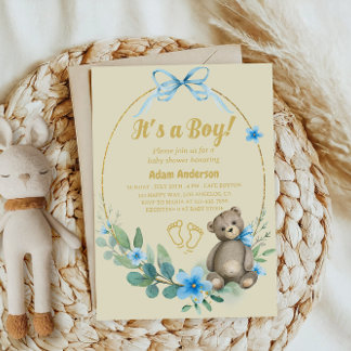 Invitación Blue Floral Teddy Bear Es un niño Baby Shower