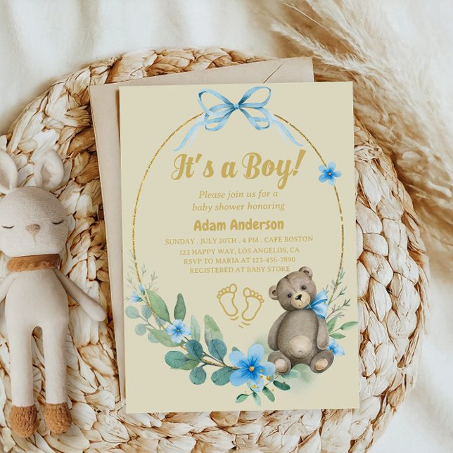 Invitación Blue Floral Teddy Bear Es un niño Baby Shower (Subido por el creador)