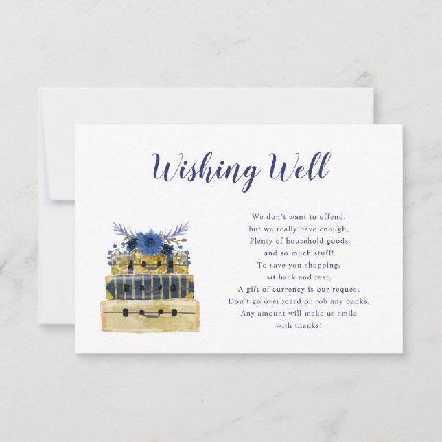 Invitación Blue Floral Travel Bridal Shower Wike Well Card (Anverso)