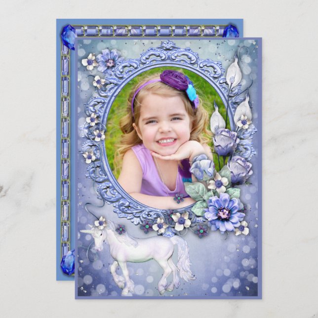Invitación Blue Floral Unicorn Photo Birday Party (Anverso / Reverso)
