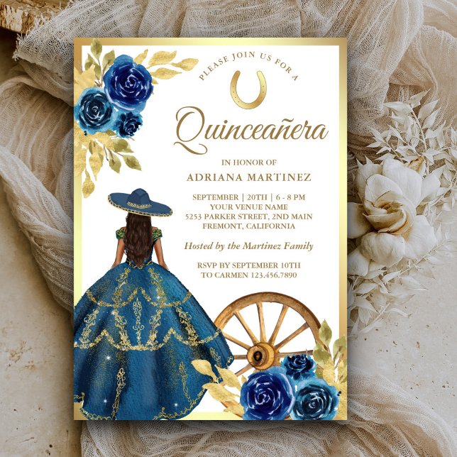 Invitación Blue Floral Vestido Charro Oro Occidental Quincean (Subido por el creador)