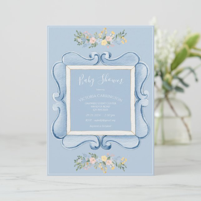 Invitación Blue Floral Vintage Baby Shower (Anverso de pie)