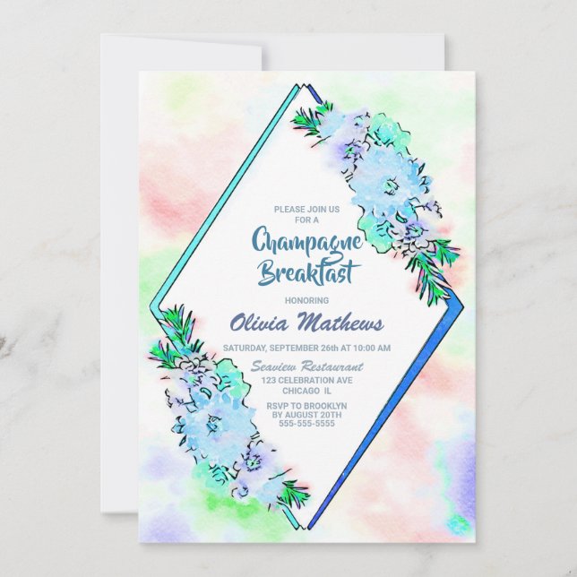Invitación Blue Floral Watercolor Champagne Desayuno (Anverso)