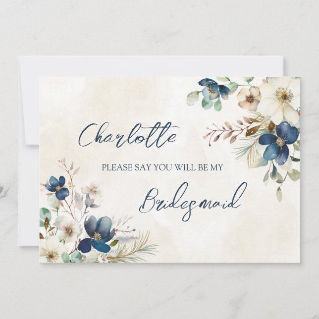 Invitación Blue Floral Wedding Bridesmaid Proposal Card (Anverso)